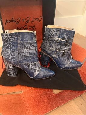 Freebird by Steven Navy Croc-Embossed Leather Buckle Ankle Boots